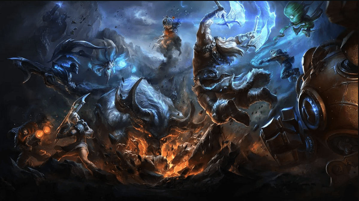 League of Legends champions are fighting each other in a battle.