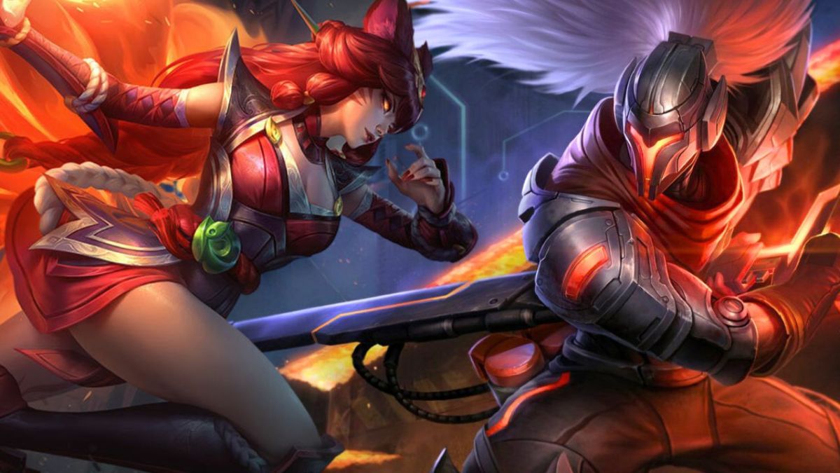 League of Legends champions Ahri and Yasuo fighting.