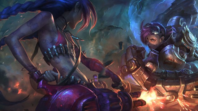 Jinx and Vi fighting in League of Legends.
