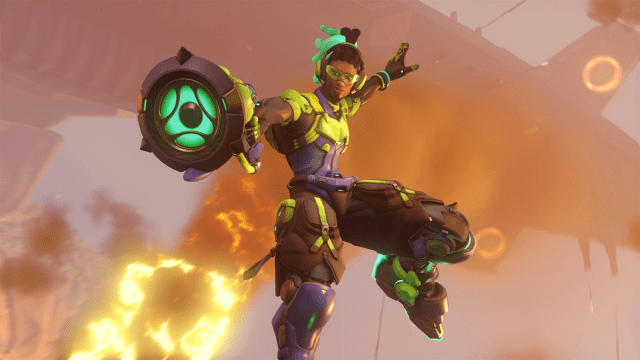 Lucio jumping into battle in a mission cinematic for Overwatch 2.