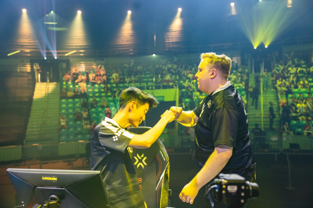 NRG VALORANT players s0m and ardiis celebrate a win on stage at VCT LOCK//IN.