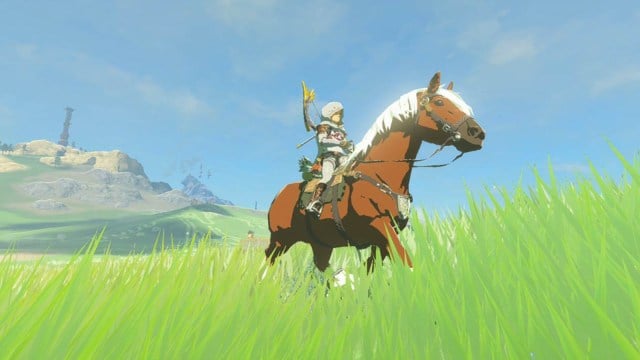Link riding Epona through grass in Zelda: Tears of the Kingdom
