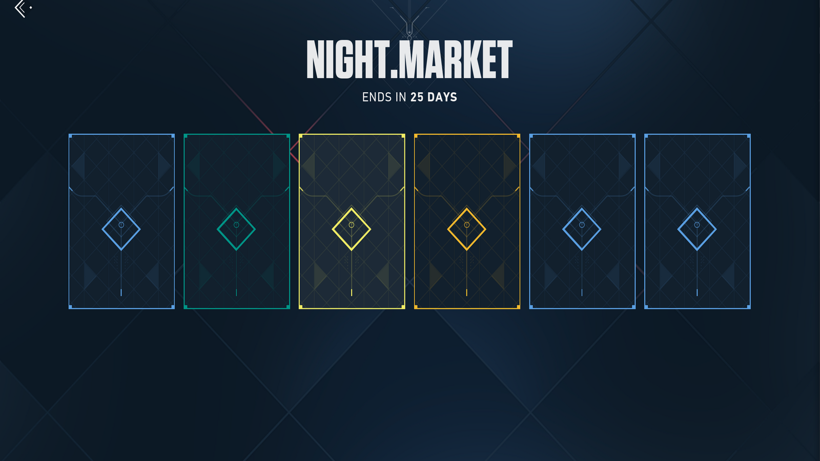 Zrzut ekranu nowego rynku nocnego, przy czym każda skóra wciąż jest ukryta za kartą ujawniającą