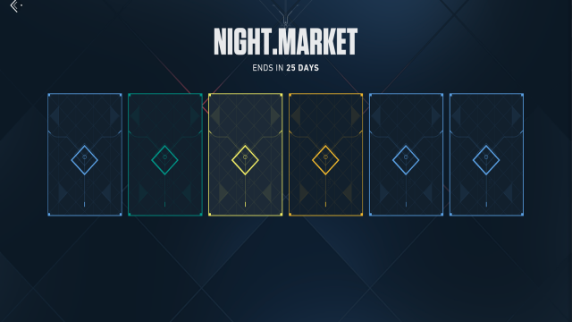 A screenshot of a new Night Market, with each skin still hidden behind a reveal card.