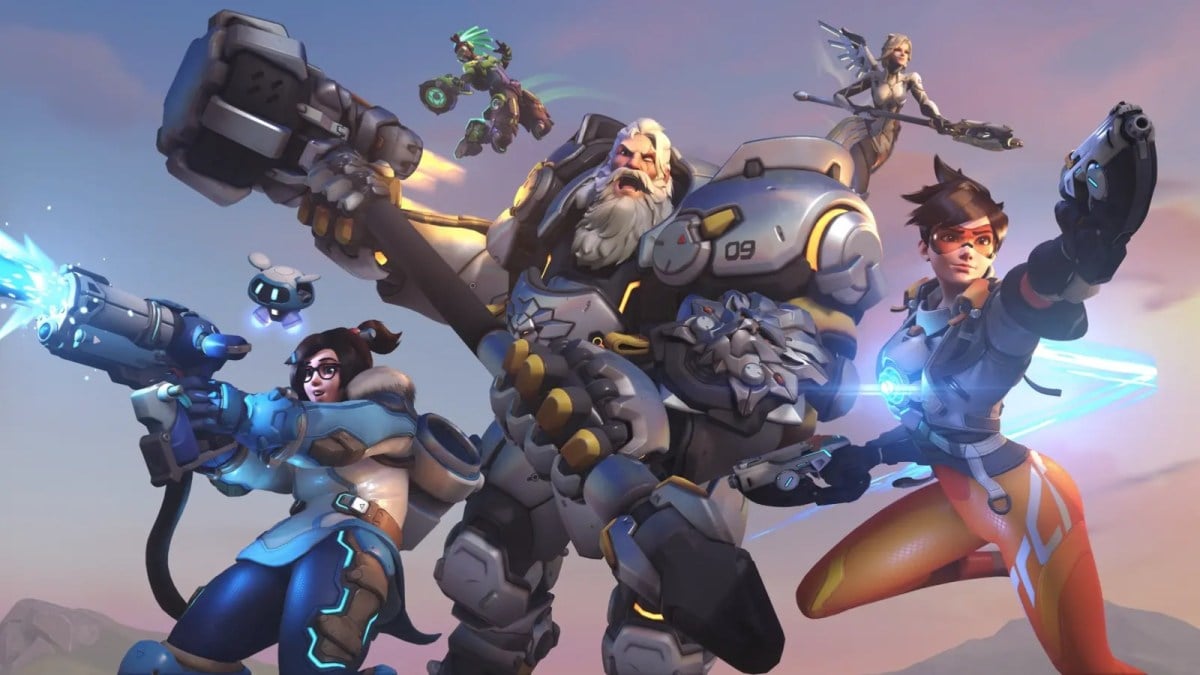 The hero cast of Overwatch 2, charging at the screen.