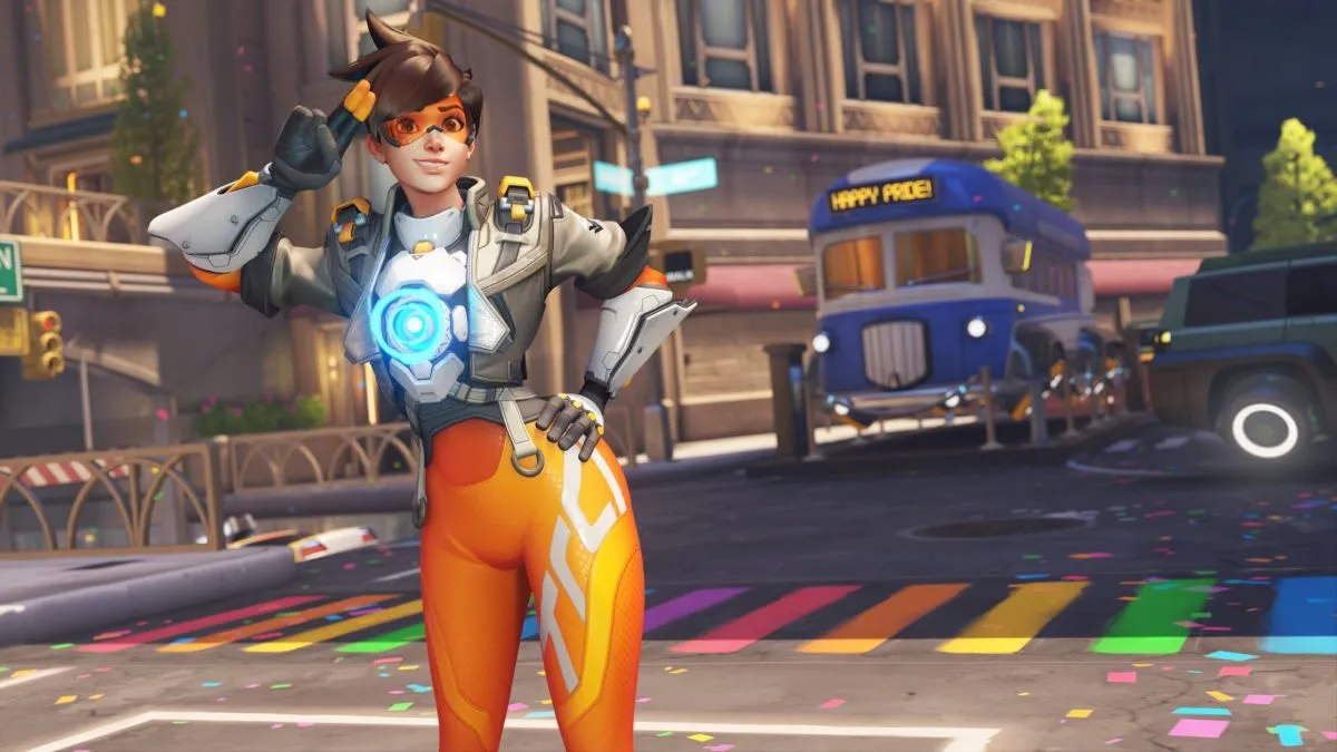 Tracer saluting in Midtown during a Pride celebration.