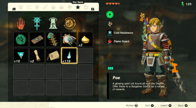 Zelda: Tears of the Kingdom inventory filled with Poes