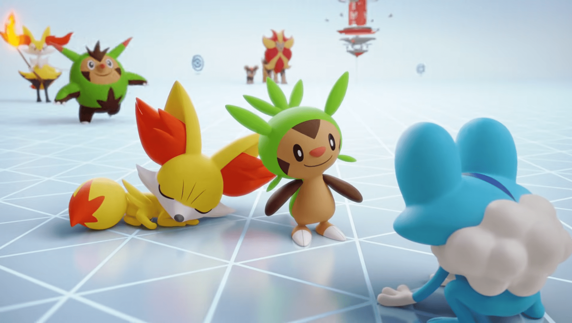 Froakie, Chespin, Fennekin, and some of their evolutions hanging out in the...