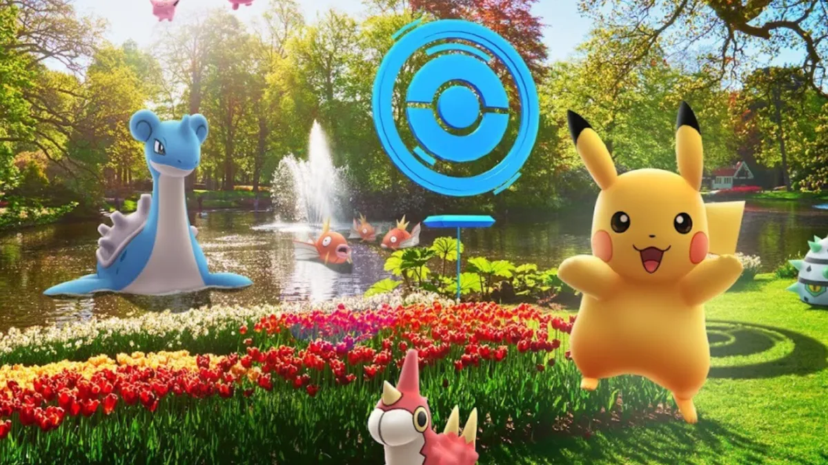 Pikachu and Wurmple play near a PokéStop located next to a pond, while Lapras swims in the pond.