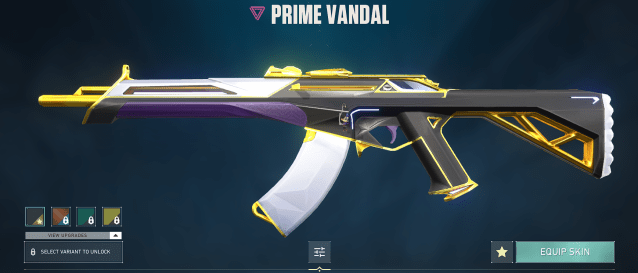 El aspecto Prime para Vandal, un aspecto elegante con detalles morados, blancos, negros y dorados.