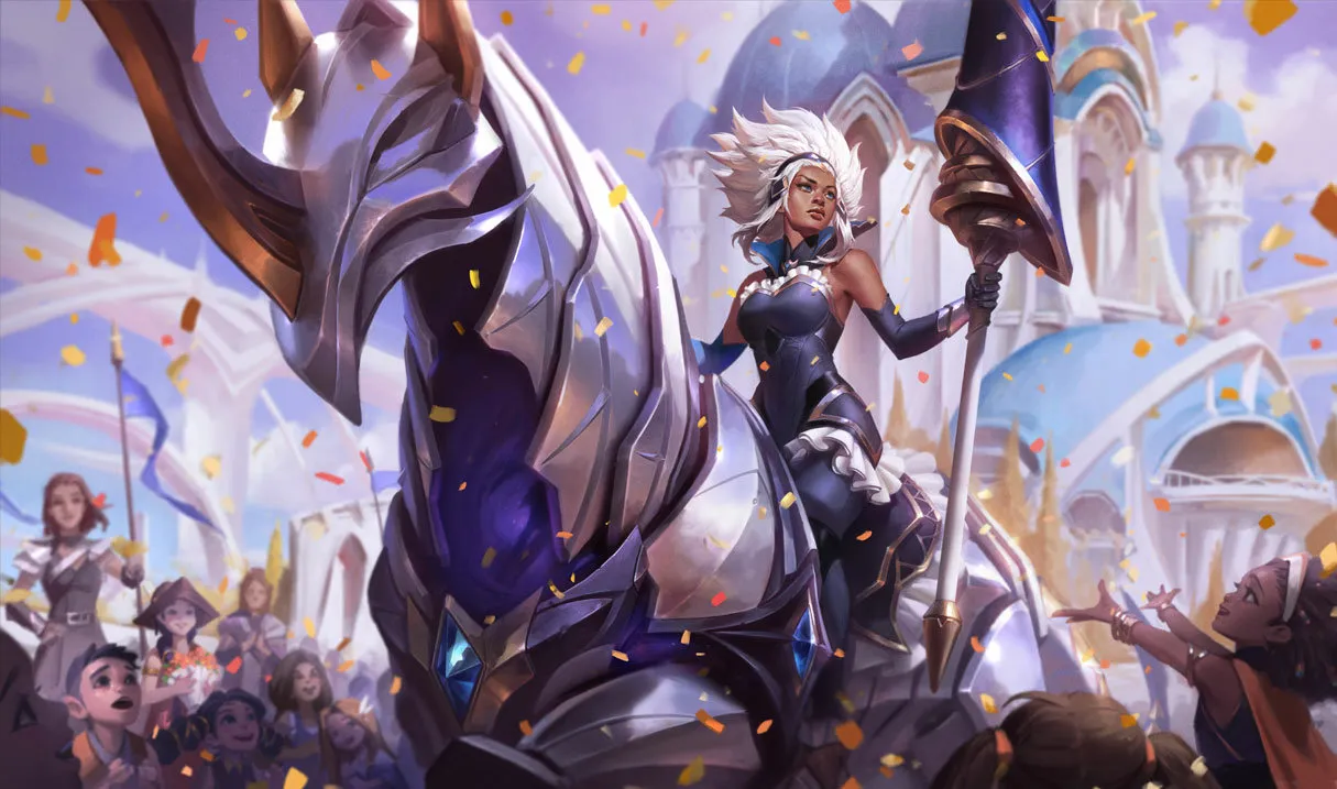 The official splash art of Battle Queen Rell, depicting the champion riding on a horse made of white medal as she rides it through a parade.