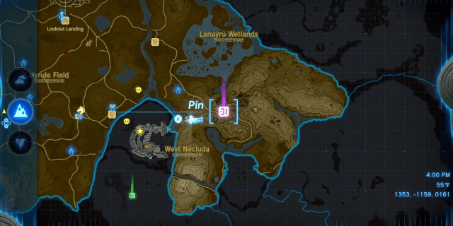 A map of Hyrule shows the location of the Kakariko Village, with a pink marker highlighting its place on the map.