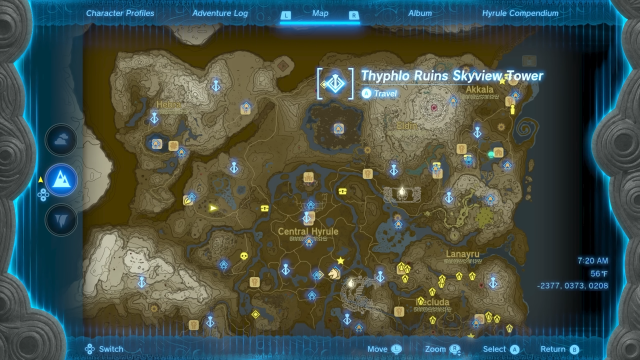 A map of Hyrule shows the Thyphlo Ruins Skyview Tower in the northern most region of the map.