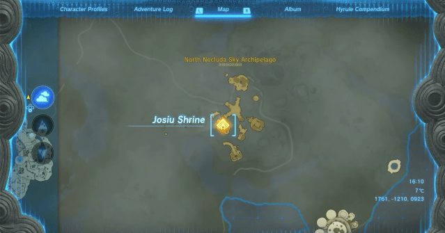 A map of Hyrule highlights the Josiu Shrine in the North Necluda Sky Archipelago.