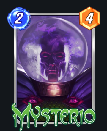 Mysterio's head inside a purple crystal ball, as smoke swirls around his features.