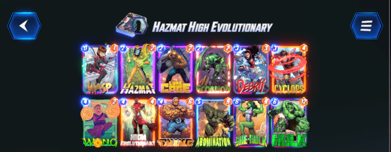 Marvel Snap deck consisting of Wasp, Hazmat, Luke Cage, Scorpion, Debrii, Cyclops, Wong, High Evolutionary, The Thing, Abomination, She-Hulk, and Hulk. 