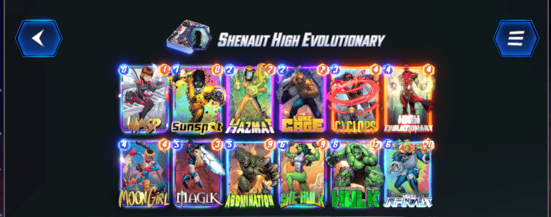 Marvel Snap deck consisting of Wasp, Sunspot, Hazmat, Luke Cage, Cyclops, High Evolutionary, Moon Girl, Magik, Abomination, She-Hulk, and Hulk. 