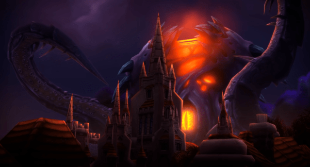 The frightening visage of the Old God N'Zoth lingers over the Cathedral of Light in an alternate version of World of Warcraft's Stormwind City. 