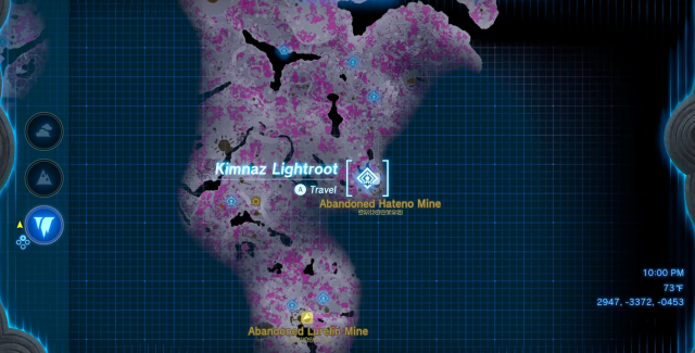 Map showing the location of Abandoned Hateno Mine in Zelda: Tears of the Kingdom