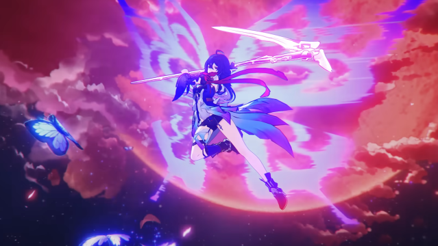 Seele jumping into the air getting ready to strike down with her Scythe and butterfly wings in the air behind her.