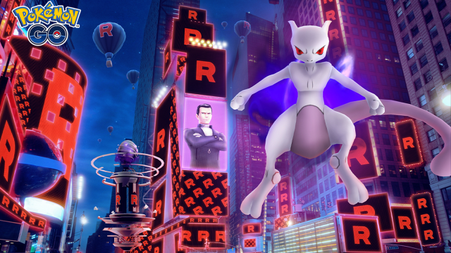 Shadow Mewtwo floating over city in Pokémon Go.