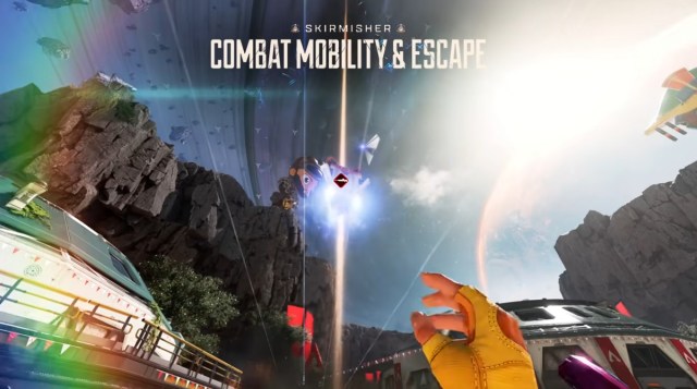 Top text says "Skirmisher: Combat Mobility & Escape". Pictured is a falling care package, marked with a Kraber inside as it drops to the ground.