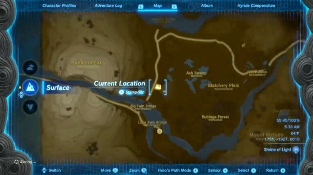 A zoomed-in version of the Hyrule map shows the location of the Dueling Peaks Stable. It is east of the Dueling Peaks, a mountain that appears to be cut in half to create a pathway through the middle.