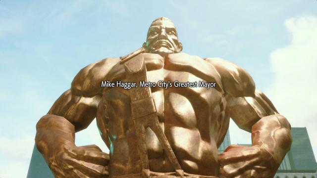 A statue of Capcom legacy fighter Mike Haggar in Metro City.