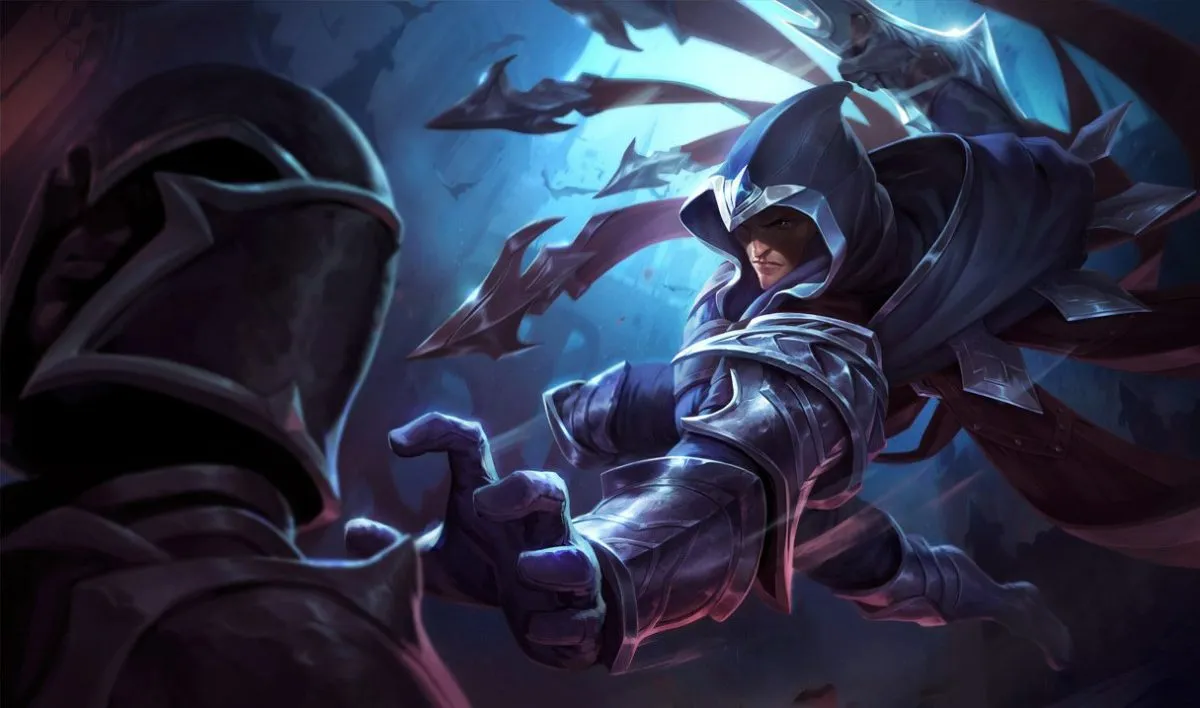 Talon from League of Legends reaches towards a hooded figure.