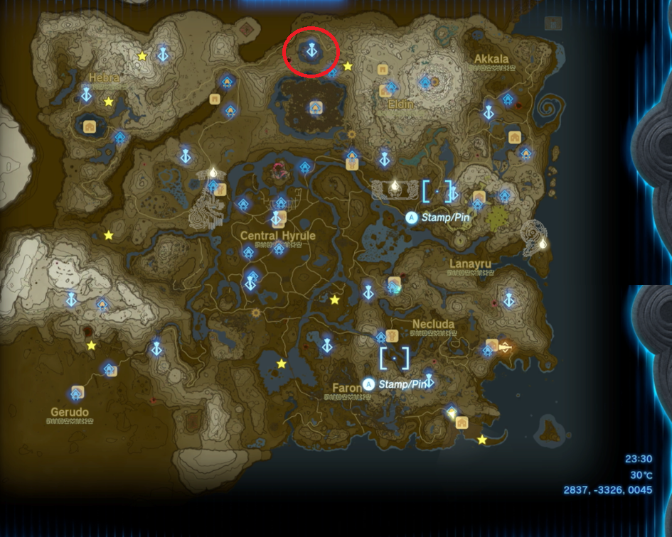 A may of Hyrule shows the tower's location, and a red circle surrounds its precise placement on the northern side of the map.