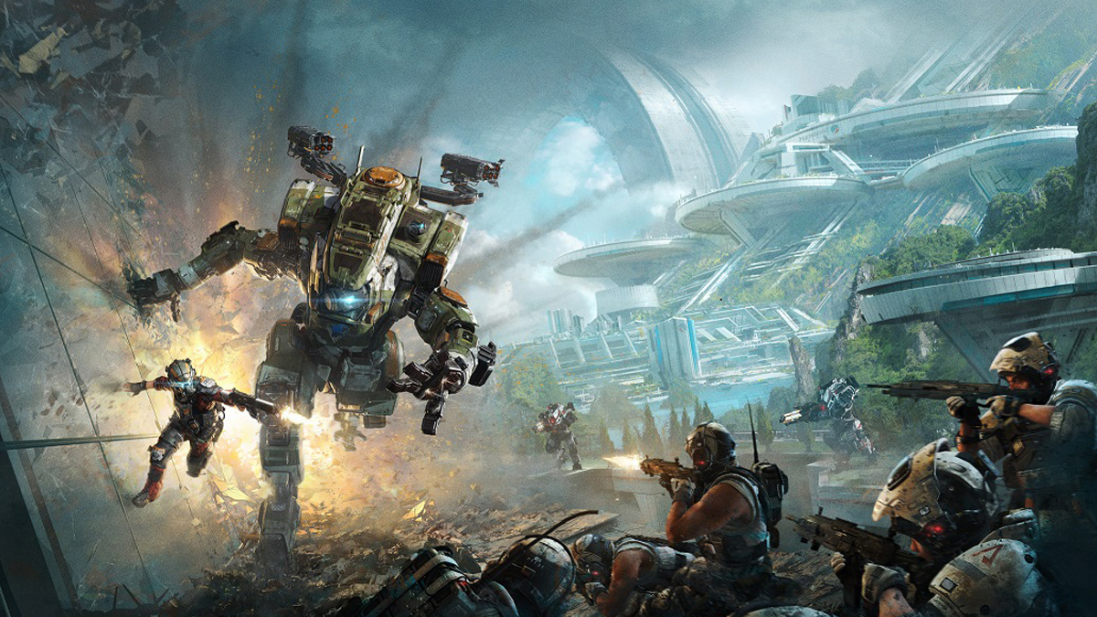 Titanfall 2 key art of player and mech running against wall