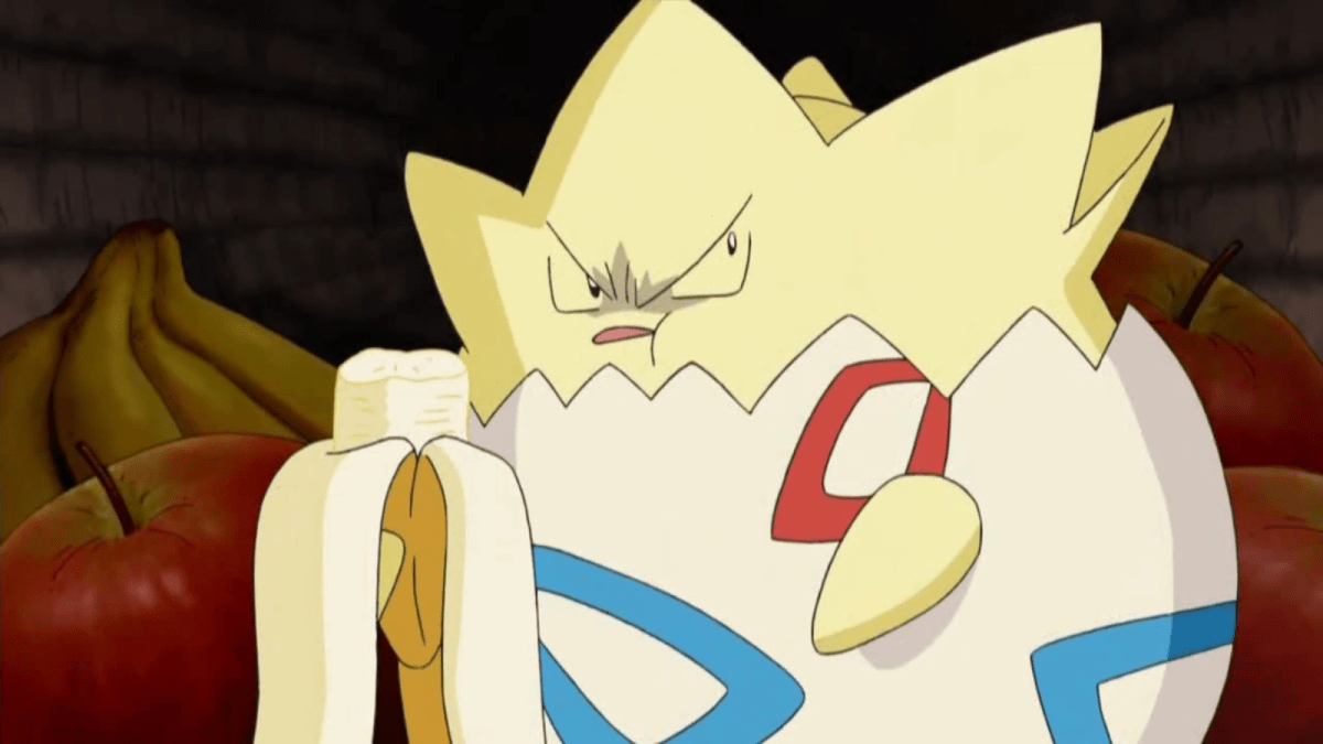Togepi, an Egg-themed Pokémon, is less than impressed at something off-screen.