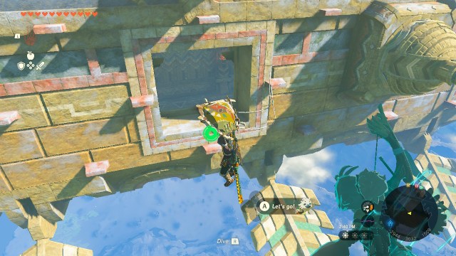 Link glides down in front of the northwest opening in the side of the Wind Temple.