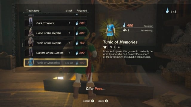Image of Link purchasing the Tunic of Memories in Tears of the Kingdom