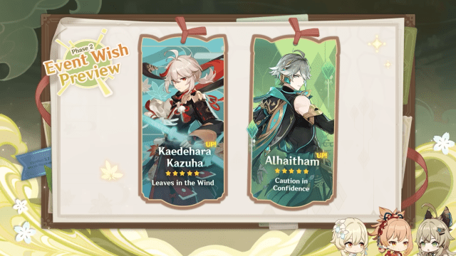 The event wish preview for the second half of Genshin's Version 3.7 update which features Kazuha and Alhaitham. 