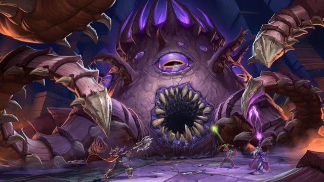 Old God C'Thun faces off against World of Warcraft characters in the Temple of Ahn'Qiraj. 