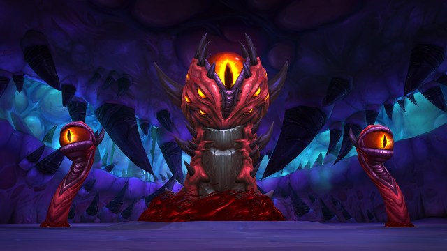 A raid boss in Ny'alotha watches over World of Warcraft players.