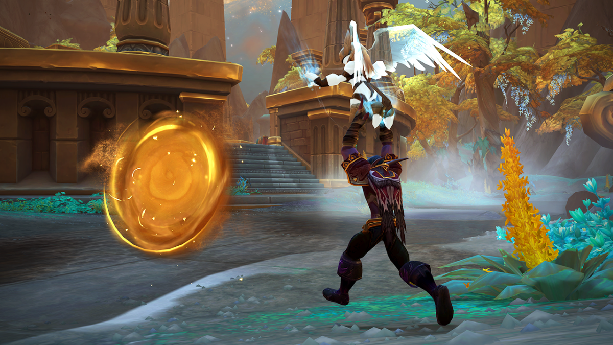 A Night Elf in WoW Dragonflight tosses a miniature Val'kyr back into a bronze time portal during a Time Rift event