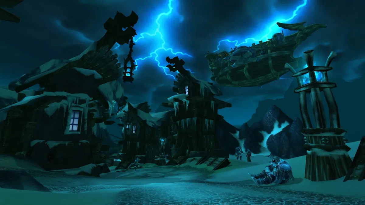 Icecrown zone in WoW WOTLK Classic during thunderstorm