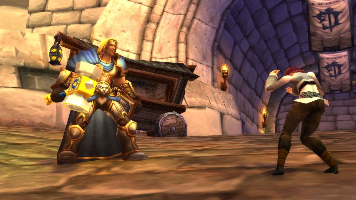 Arthas in the Stratholme dungeon in WOTLK Classic. He can be seen in his paladin form fighting back an enemy of the Scourge before he turns into a Death Knight