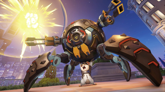 Wrecking Ball sporting his Overwatch 2 redesign at the end of one of his highlight reel intros.