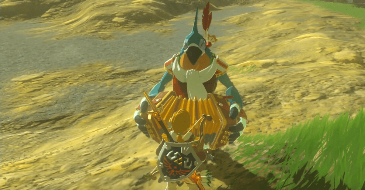 Link stands in front of and listens to Kass playing his accordion.