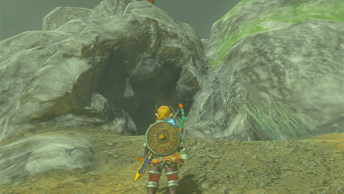 Link standing in front of a cave under Sahasra Slope Skyview Tower