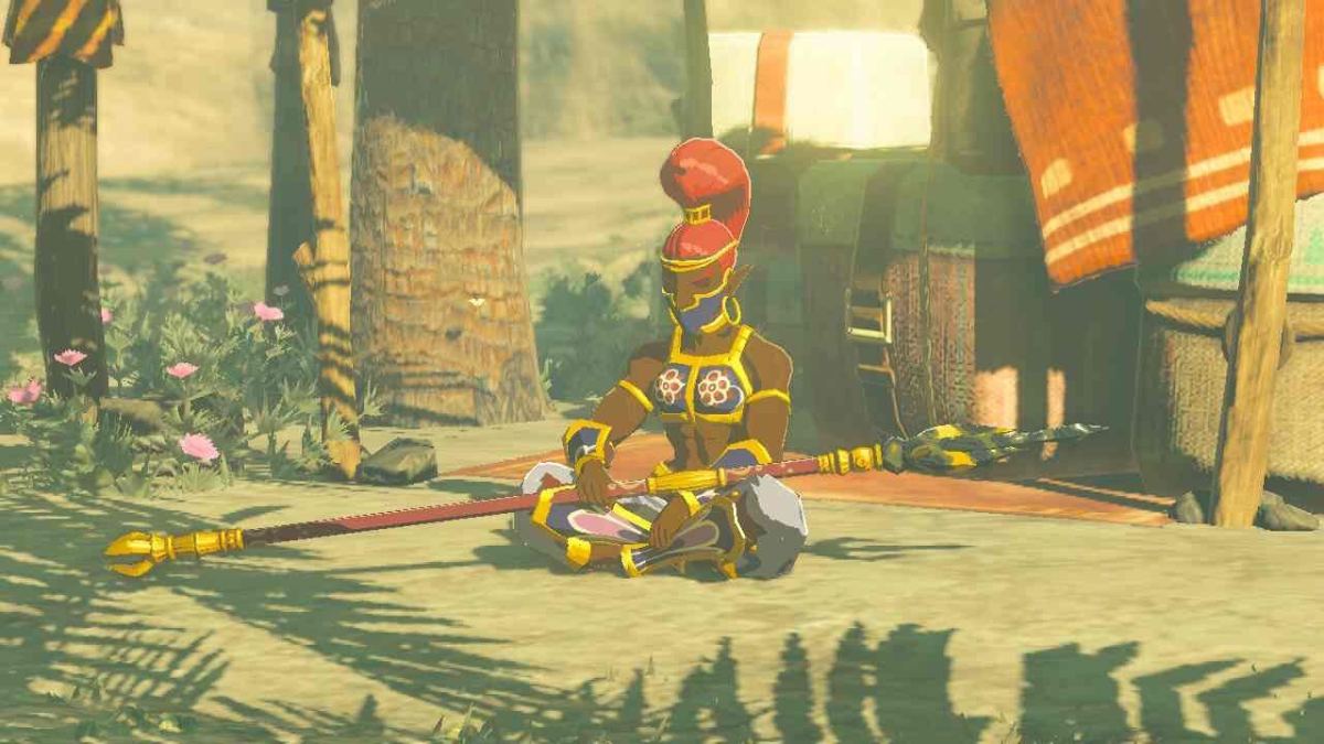 Boraa from Zelda TOTK sitting with a Gerudo spear across her lap