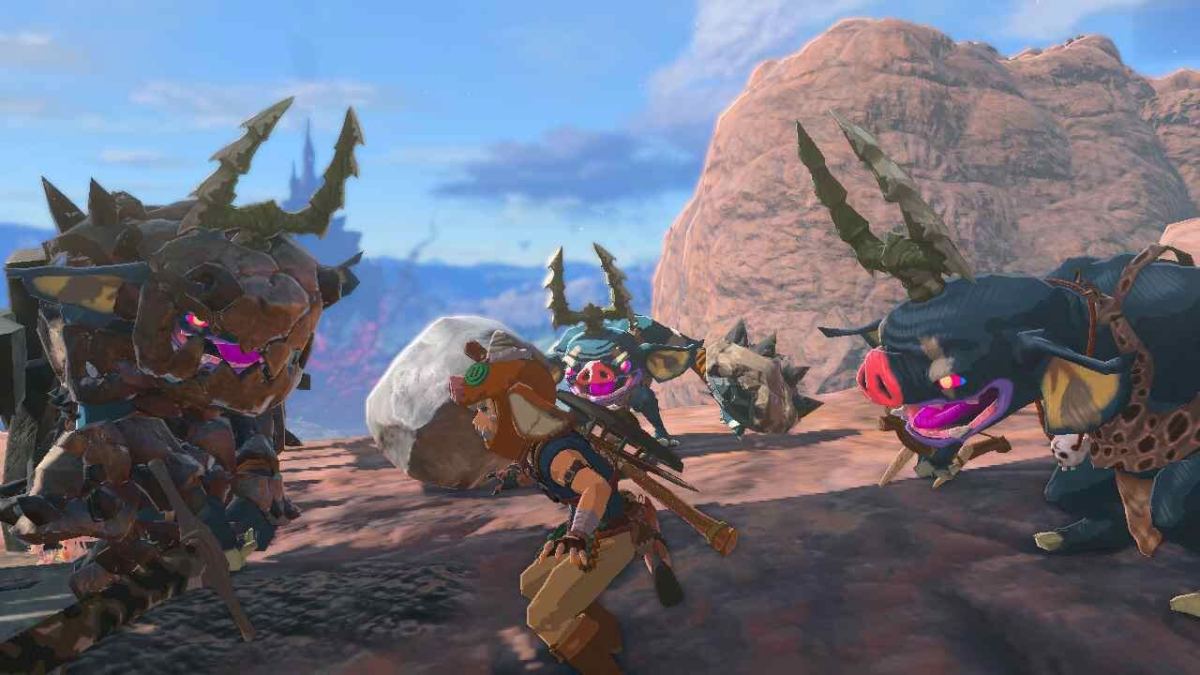 Link in a Bokoblin mask while surrounded by three Bokoblins, with one wearing armor.