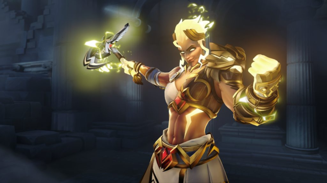 The Zeus Junker Queen skin in showcase, with the character charging electricity into an axe.