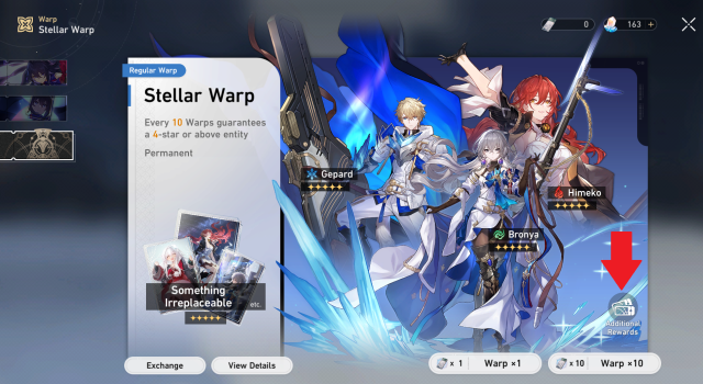 The standard stellar warp banner featuring Gepard, Bronya, and Himeko. 