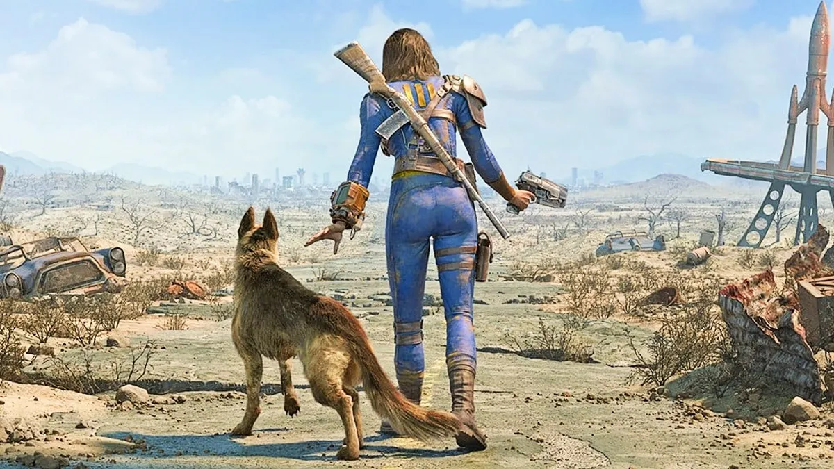A Vault Dweller and a dog in Fallout 4.
