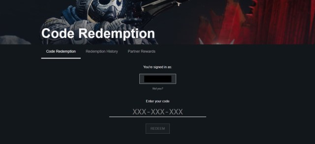 A screenshot of the Bungie code redemption page on the Destiny 2 website.