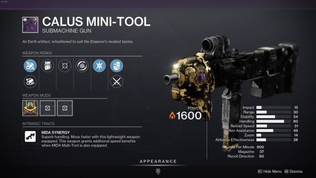 Screenshot of the stats screen for a CALUS Mini-Tool in Destiny 2